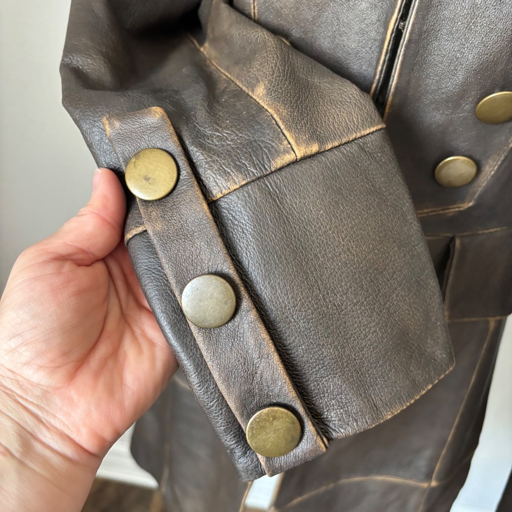 Vintage Newport News Distressed Brown 100% Leather Military Steampunk Jacket - Picture 3 of 9